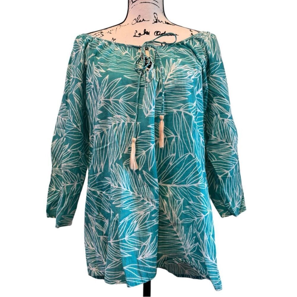 KikiSol Cotton Popover Tropical Aqua Print Top Sz XL